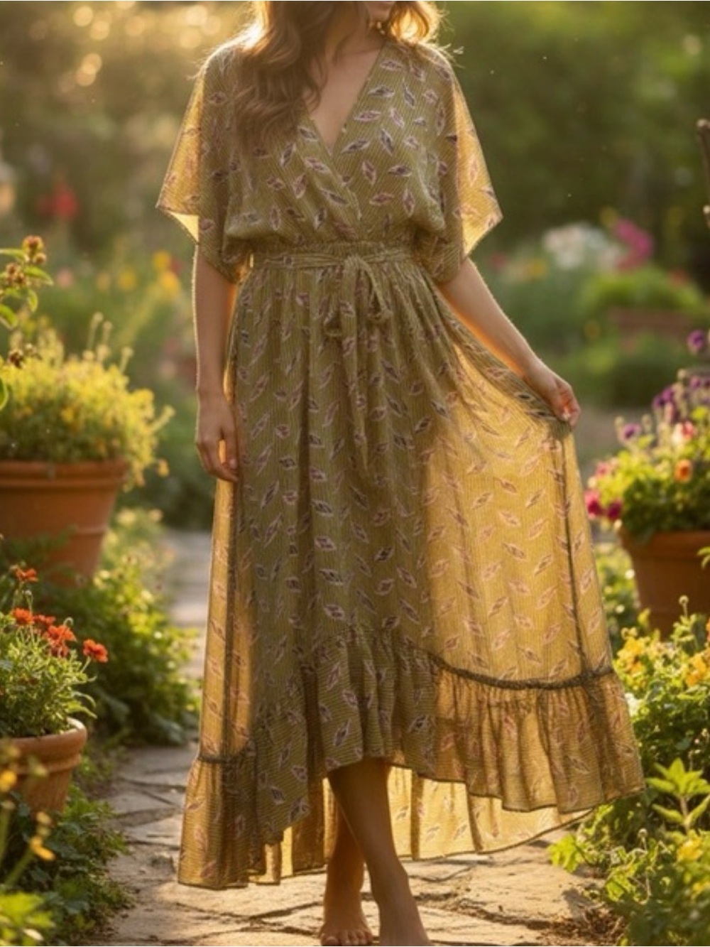 Kilky Paris Leaf Print Maxi Dress – One Size TU (Fits S–L) Boho Revival